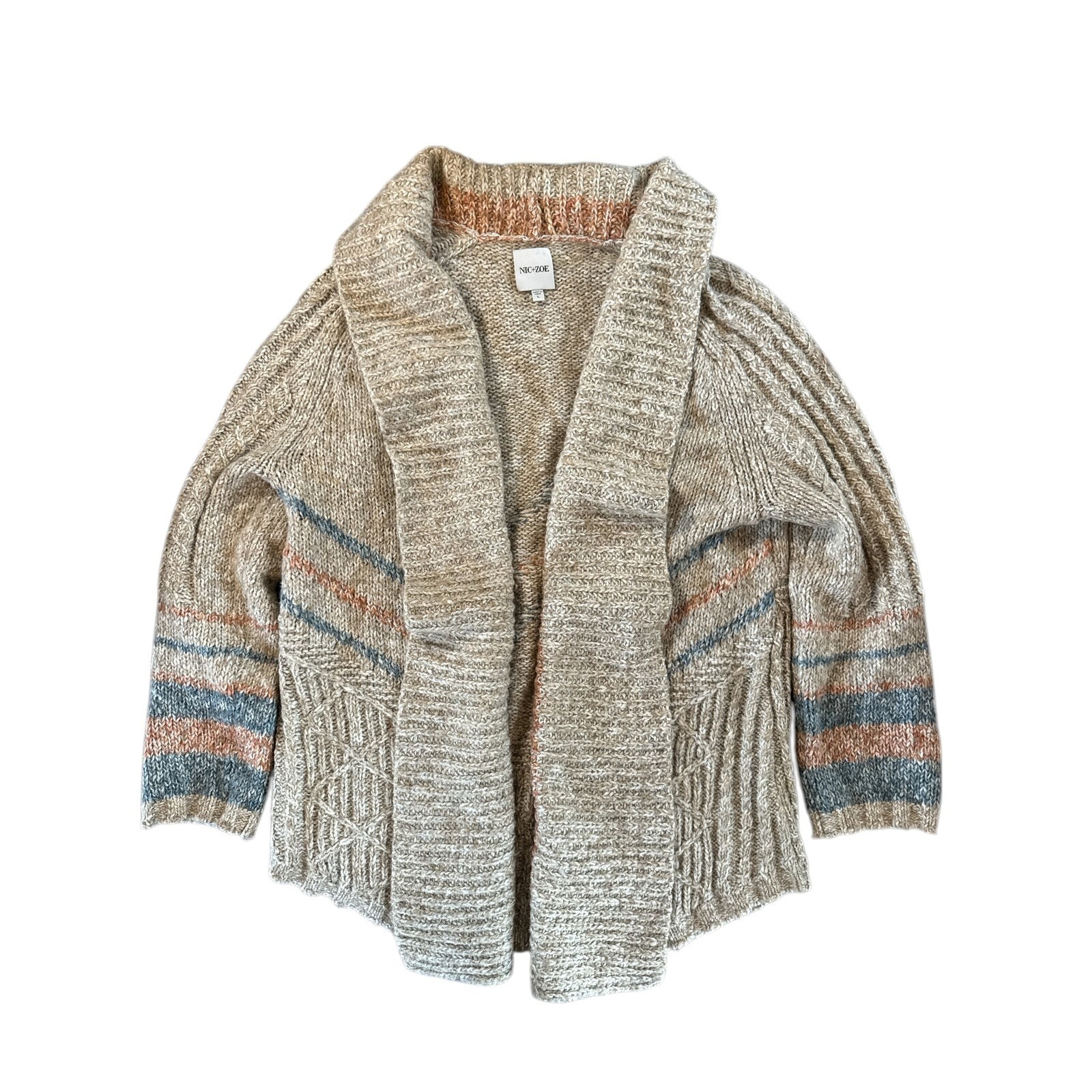 Nic+Zoe Beige Striped Shawl Collar Cardigan Sweater Women Large